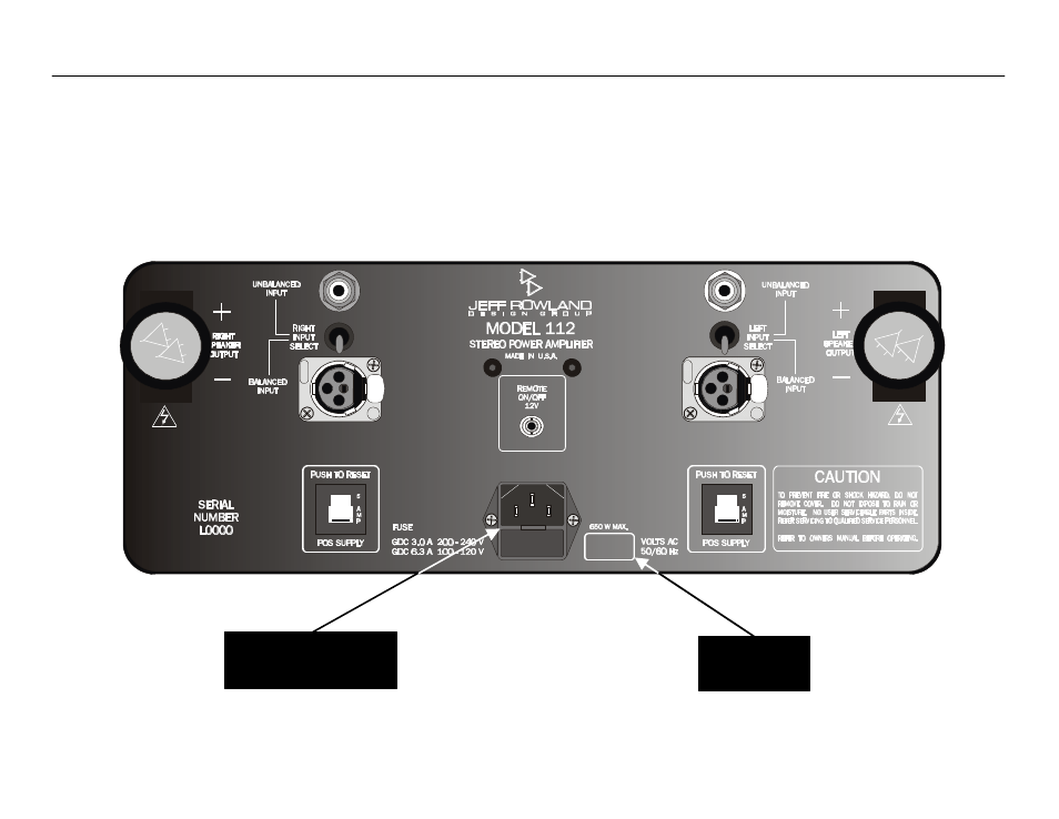 Rear panel power connections, Amplifier rear panel, Ac power cable | Jeff Rowland Design Group 112 User Manual | Page 10 / 18
