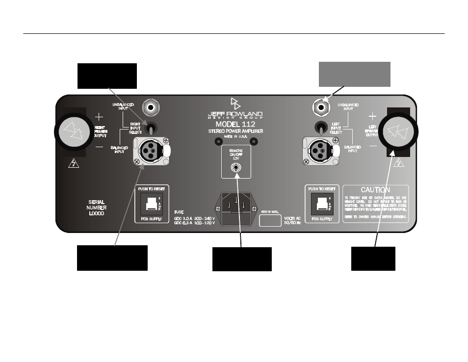 Signal connections and remote, Signal connections and remote amplifier rear panel, Balanced input | Jeff Rowland Design Group 112 User Manual | Page 12 / 18
