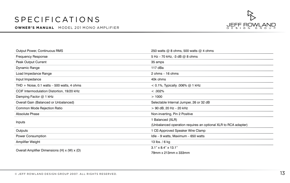 Jeff Rowland Design Group 201 User Manual | Page 14 / 17