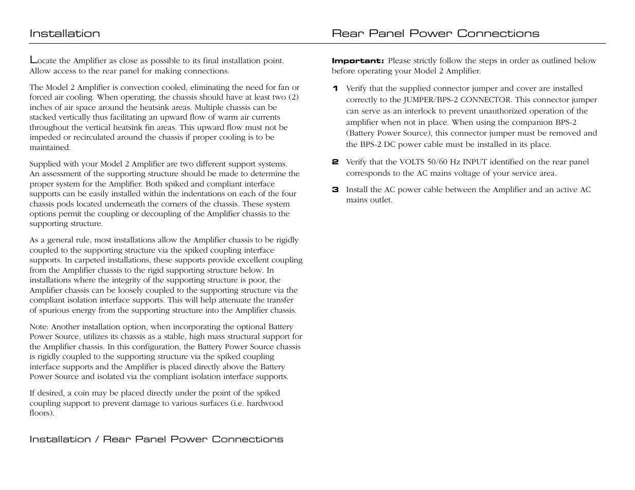 Installation/rear panel power connections | Jeff Rowland Design Group Model 2 User Manual | Page 10 / 17