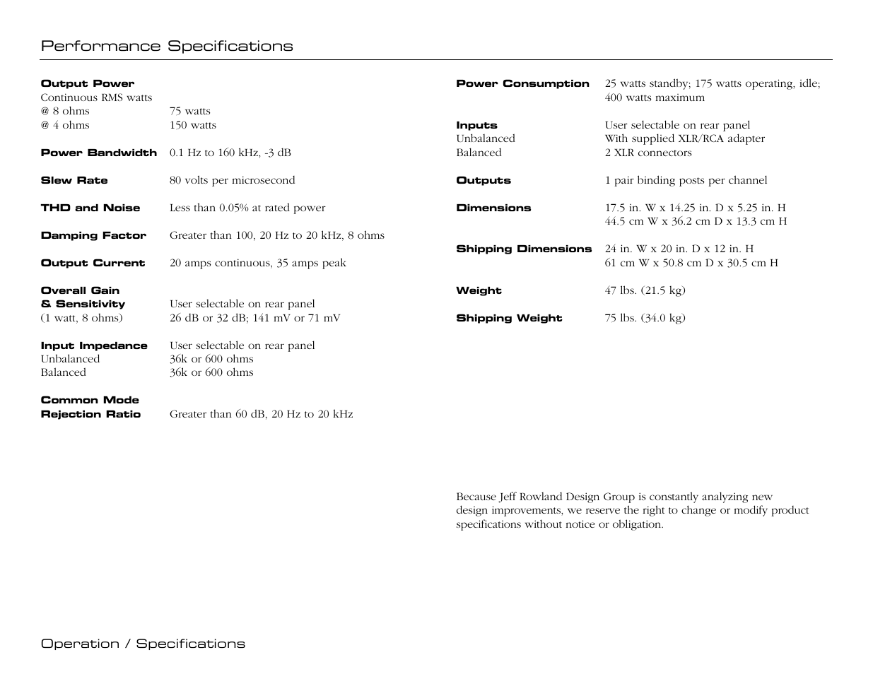 Performance specifications | Jeff Rowland Design Group Model 2 User Manual | Page 14 / 17