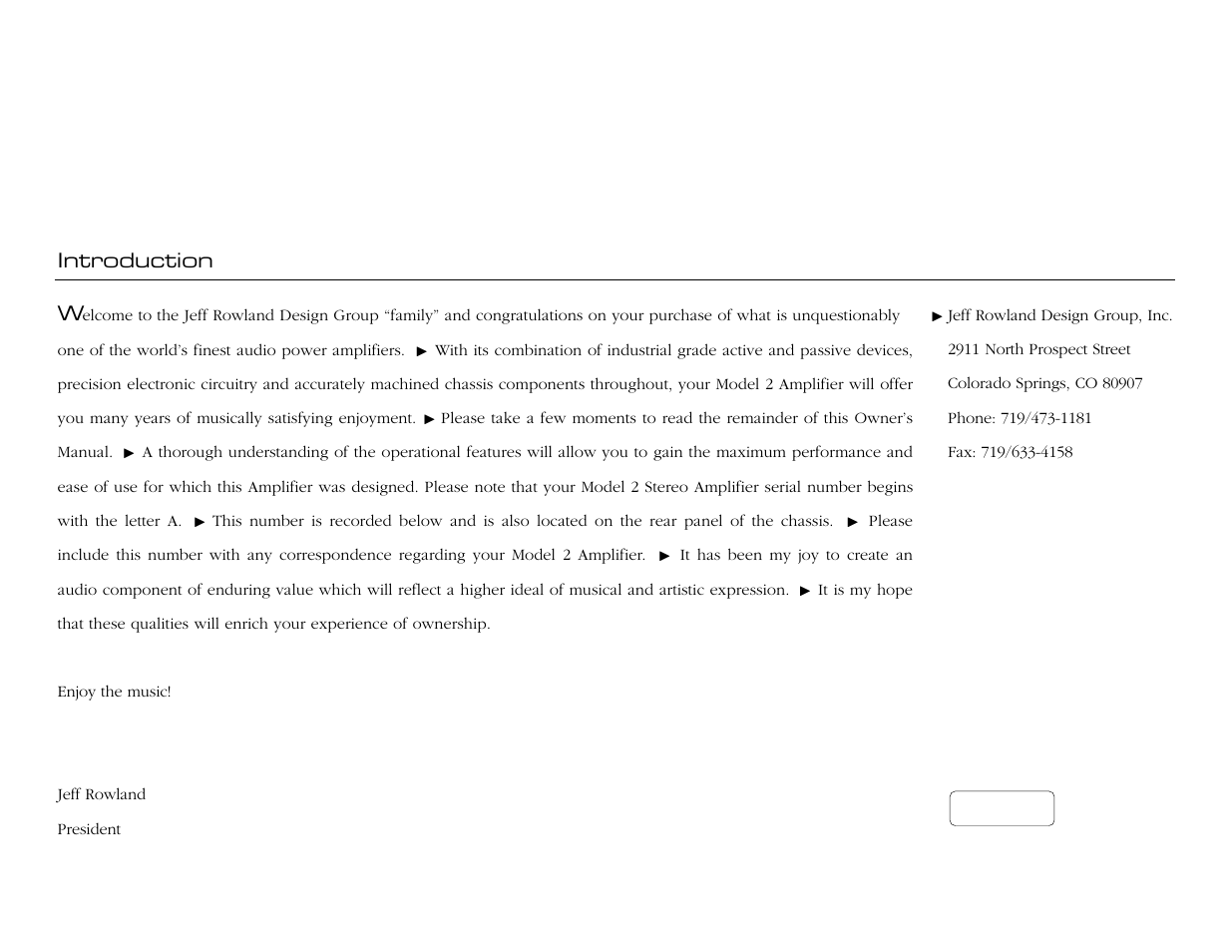 Introduction, Introduction w | Jeff Rowland Design Group Model 2 User Manual | Page 3 / 17
