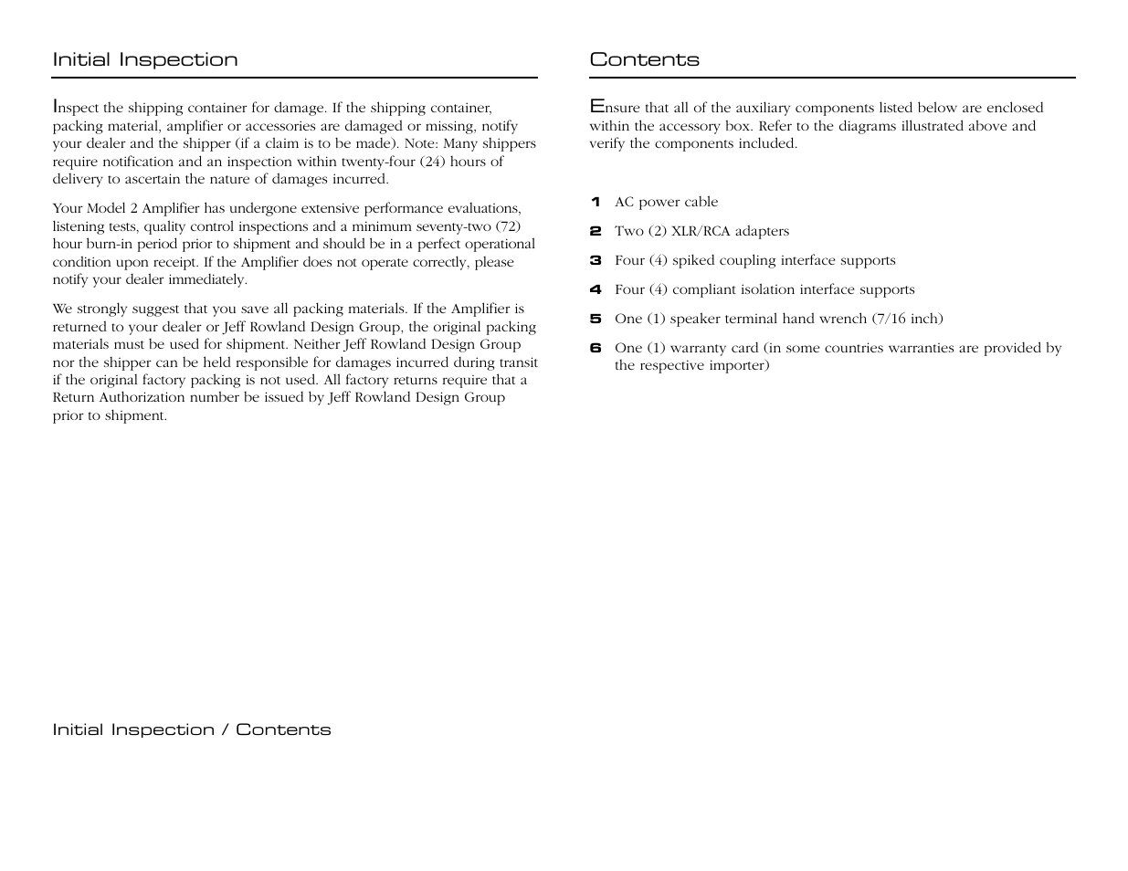 Initial inspection/contents | Jeff Rowland Design Group Model 2 User Manual | Page 6 / 17