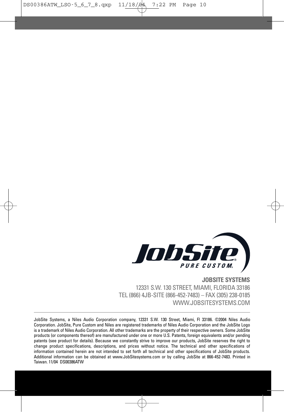JobSite Systems LSO-7 User Manual | Page 12 / 12