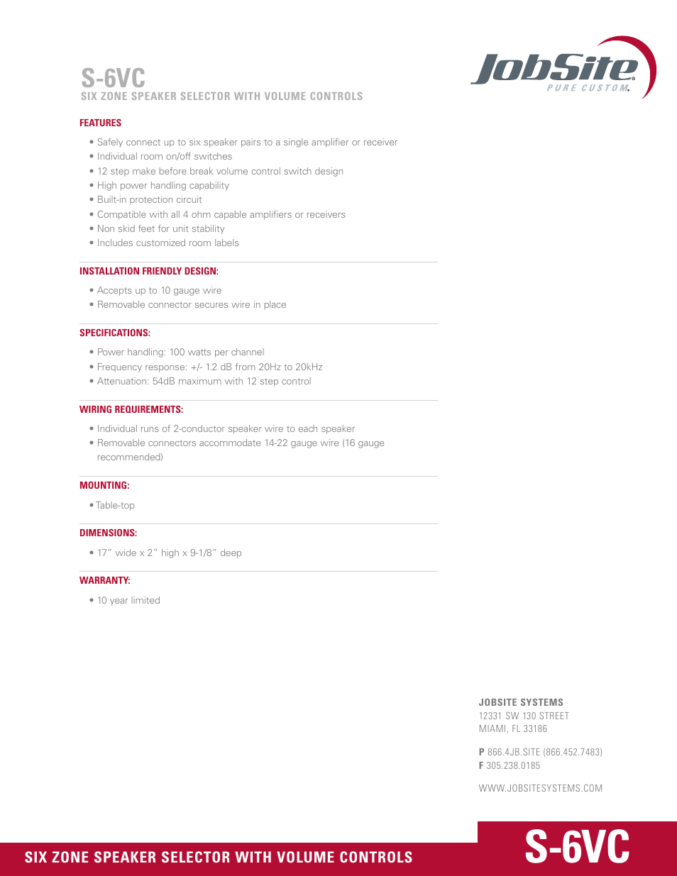 S-6vc, Six zone speaker selector with volume controls | JobSite Systems S-6VC User Manual | Page 2 / 4