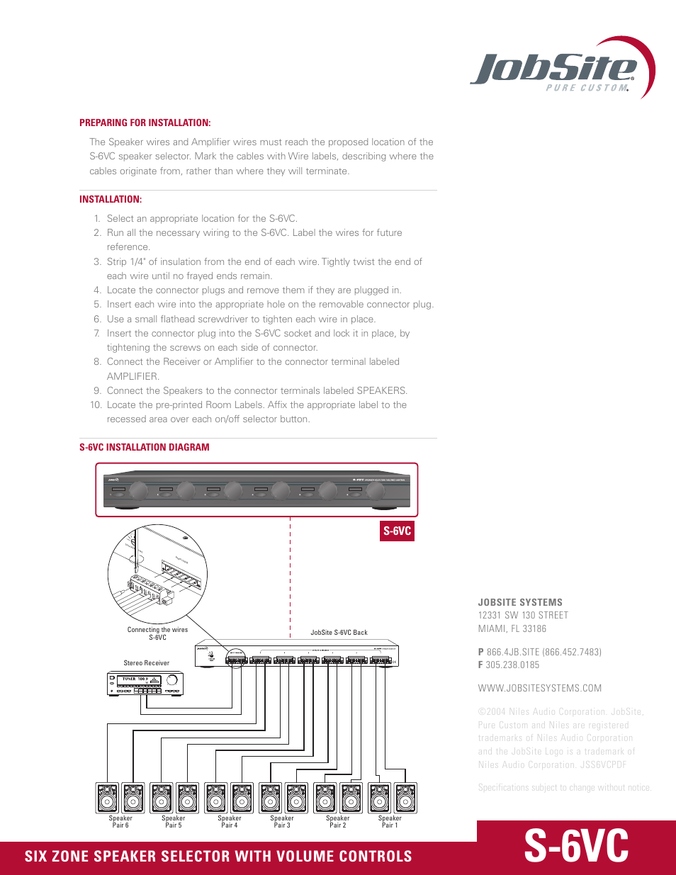 S-6vc, Six zone speaker selector with volume controls | JobSite Systems S-6VC User Manual | Page 3 / 4