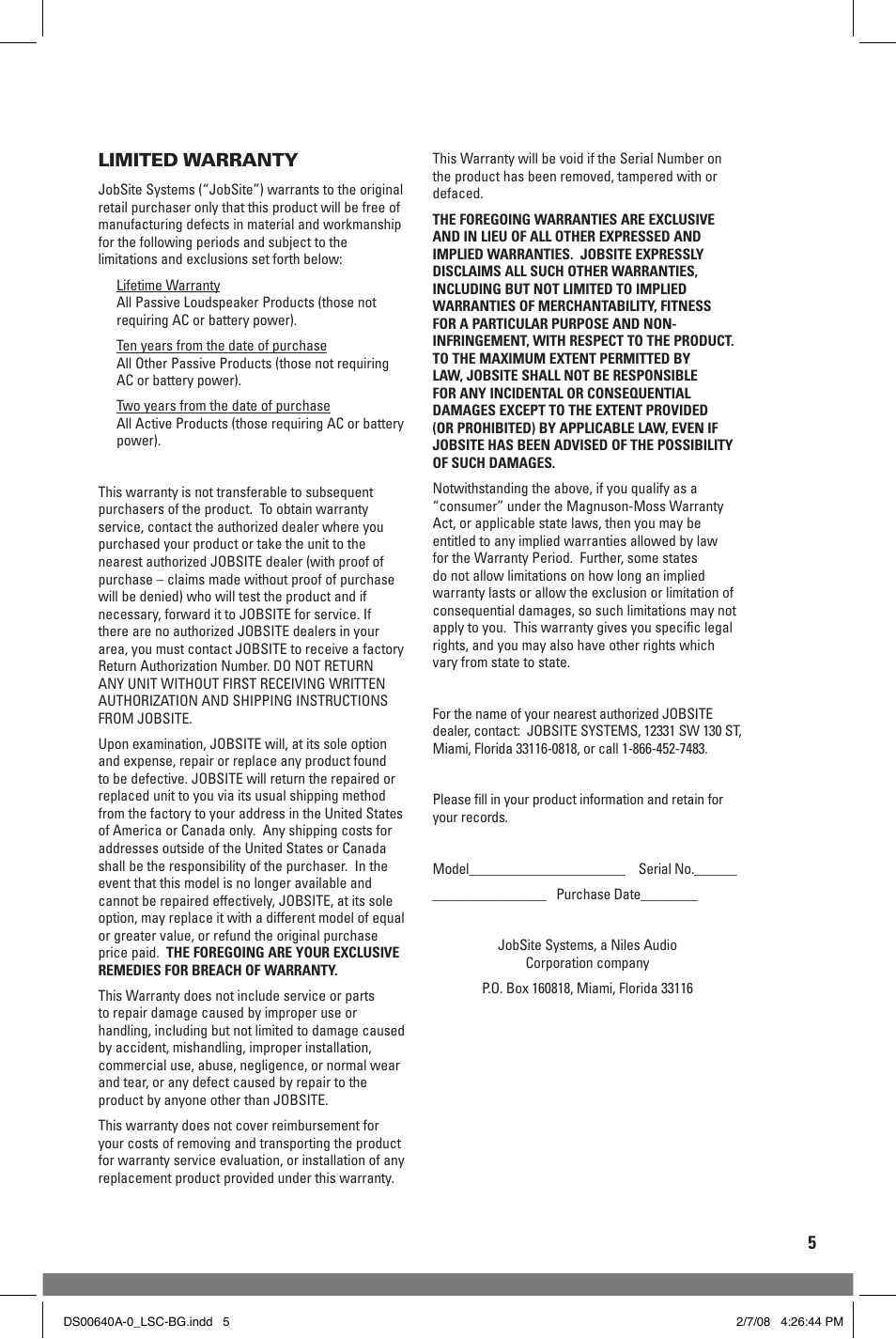 5limited warranty | JobSite Systems LSC-BG User Manual | Page 7 / 8