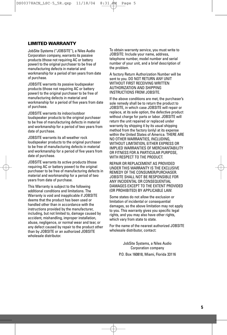 JobSite Systems LSC-5/5R User Manual | Page 7 / 8