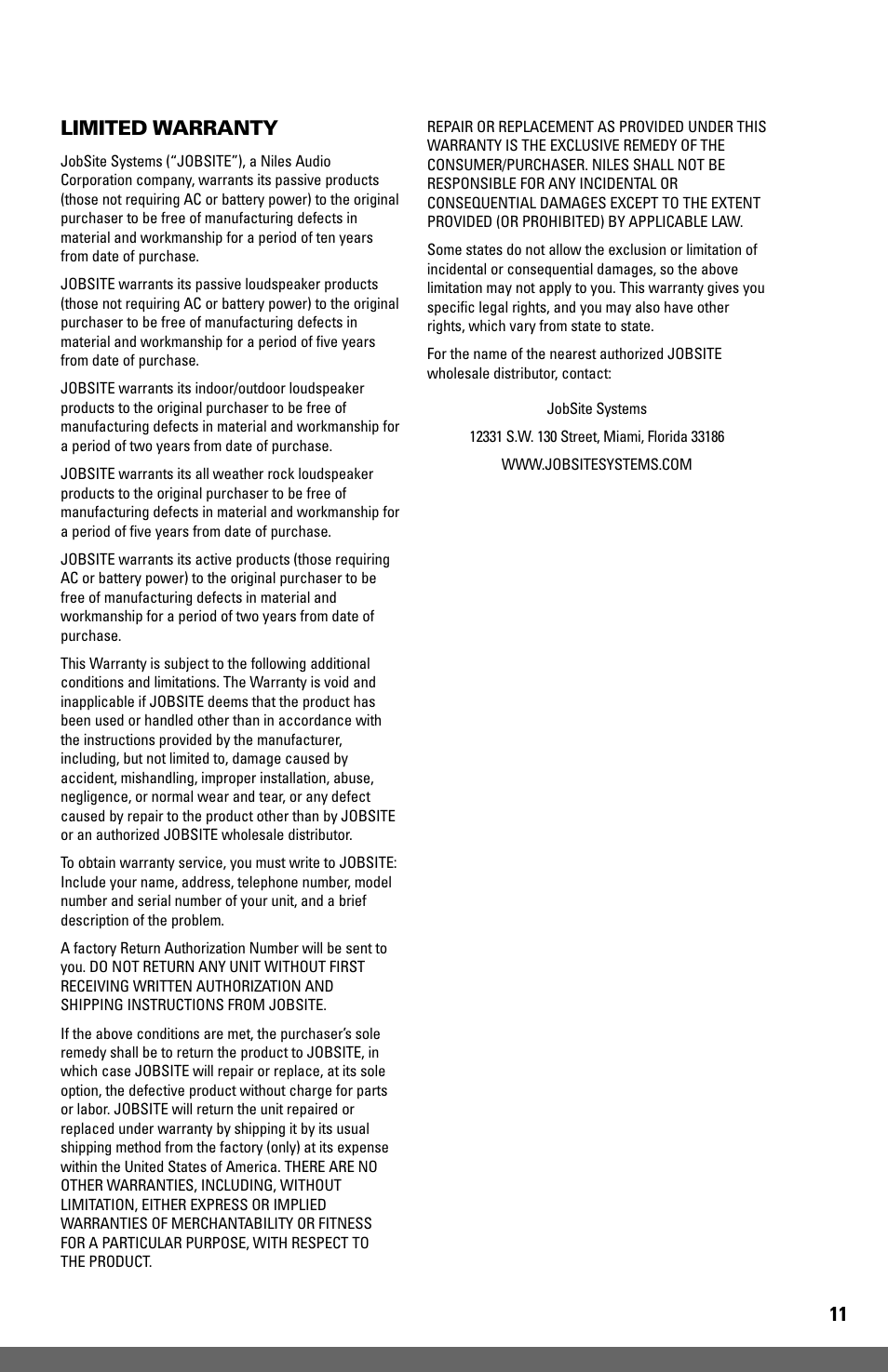 11 limited warranty | JobSite Systems A30-X12 User Manual | Page 13 / 16
