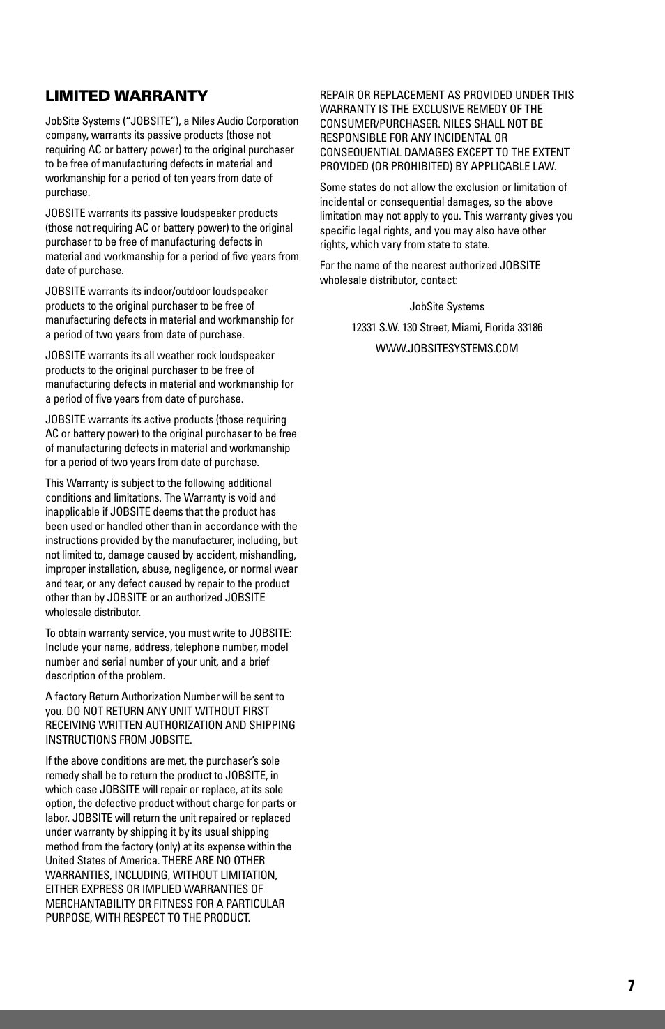 7limited warranty | JobSite Systems A45-X2 User Manual | Page 9 / 12