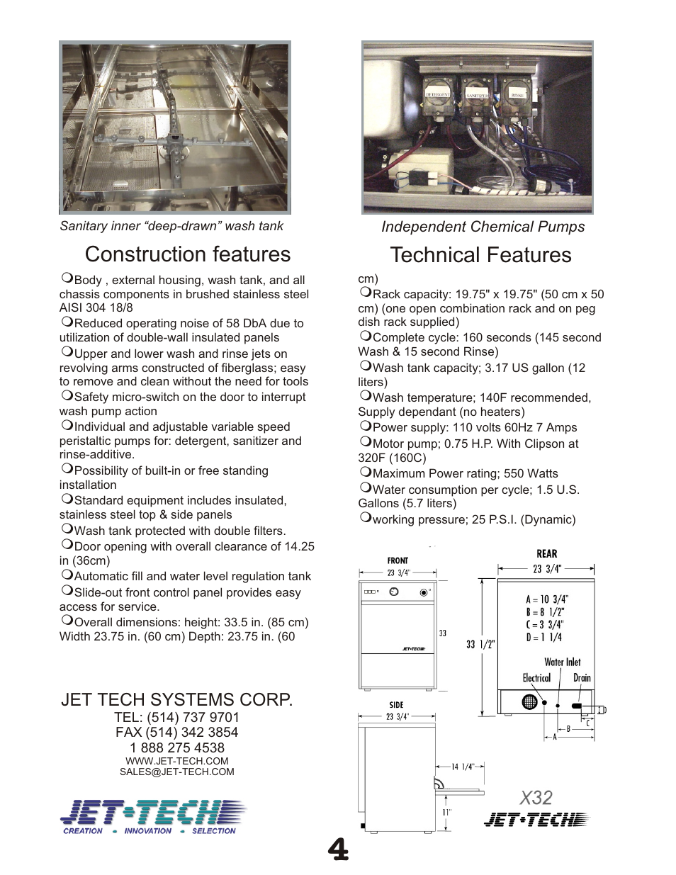 Construction features technical features, Jet tech systems corp | Jettech Metal Products X-32 User Manual | Page 4 / 10