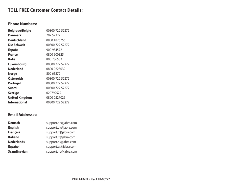 Toll free customer contact details | Jabra 81-00277 User Manual | Page 2 / 51