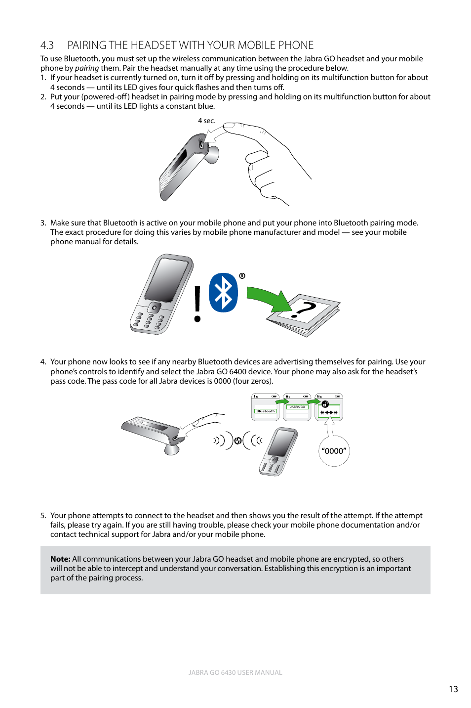 3 pairing the headset with your mobile phone, English, Pairing the headset with your mobile phone 4.3 | Jabra GO 6430 User Manual | Page 13 / 43