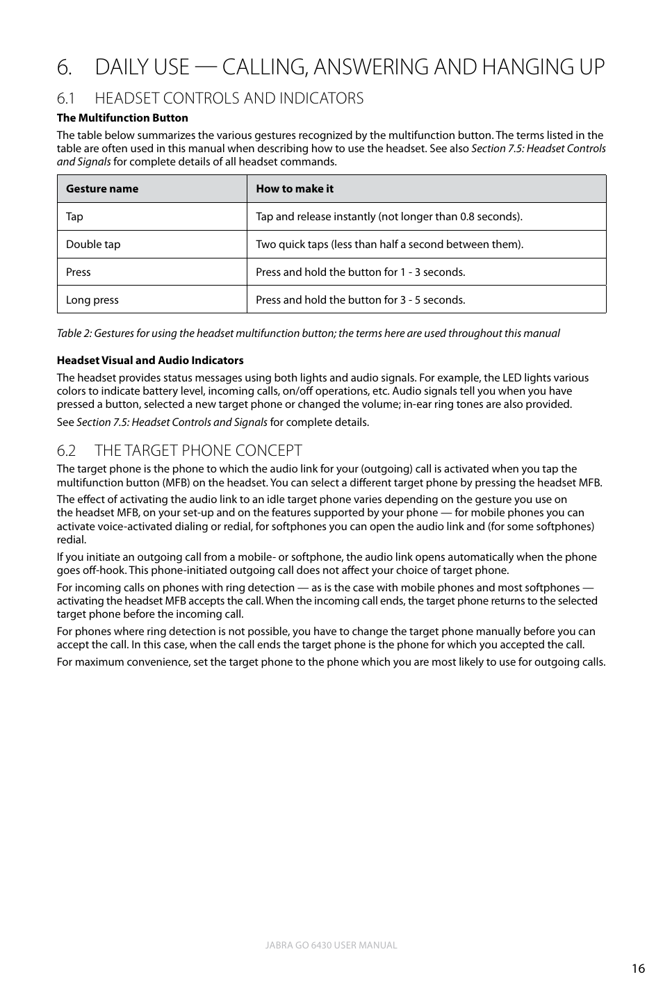 Daily use — calling, answering and hanging up, 1 headset controls and indicators, 2 the target phone concept | Daily use — calling, answering and hanging up 6, English, Headset controls and indicators 6.1, The target phone concept 6.2 | Jabra GO 6430 User Manual | Page 16 / 43
