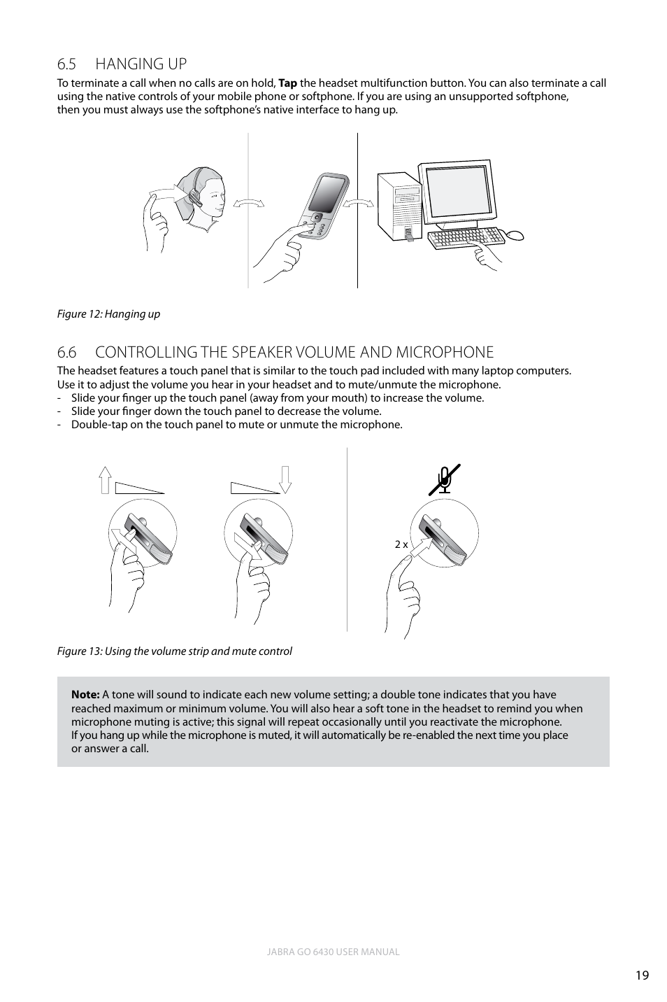 5 hanging up, 6 controlling the speaker volume and microphone, English | Hanging up 6.5, Controlling the speaker volume and microphone 6.6 | Jabra GO 6430 User Manual | Page 19 / 43