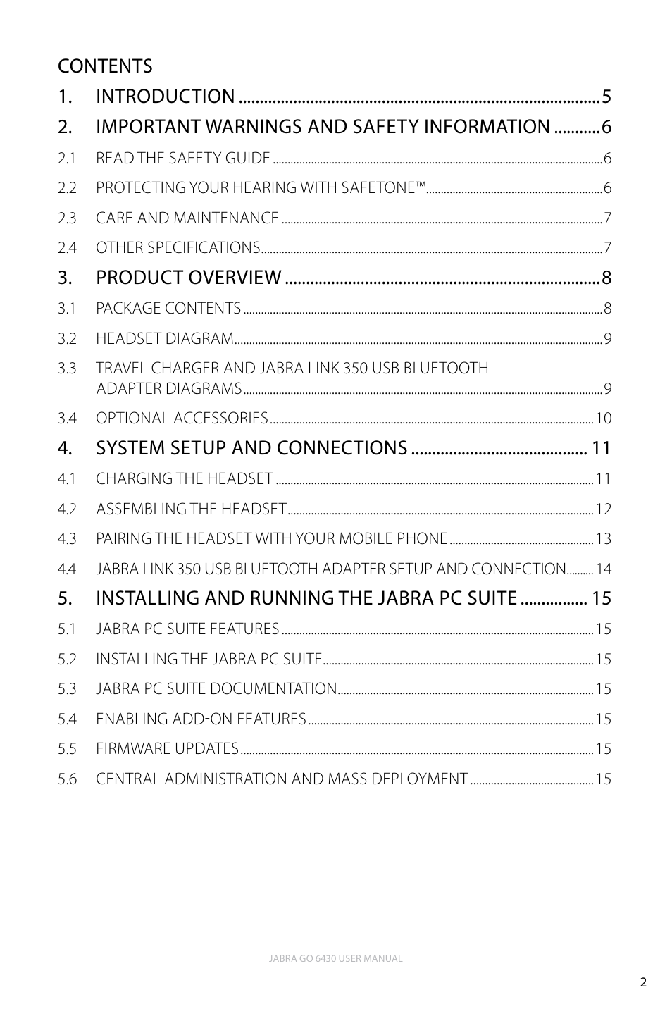 Product overview, System setup and connections, Installing and running the jabra pc suite | Jabra GO 6430 User Manual | Page 2 / 43