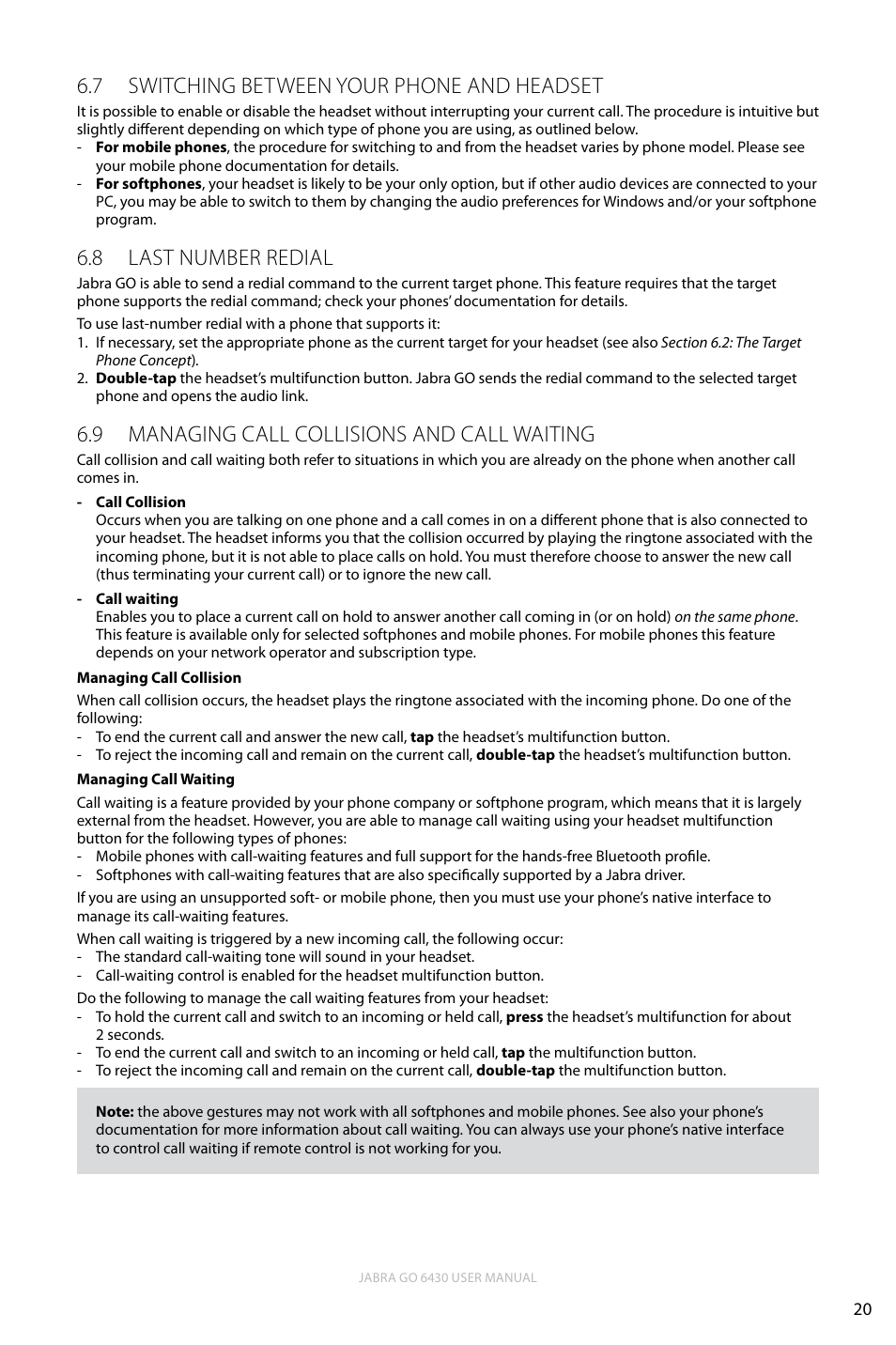 7 switching between your phone and headset, 8 last number redial, 9 managing call collisions and call waiting | English, Switching between your phone and headset 6.7, Last number redial 6.8, Managing call collisions and call waiting 6.9 | Jabra GO 6430 User Manual | Page 20 / 43