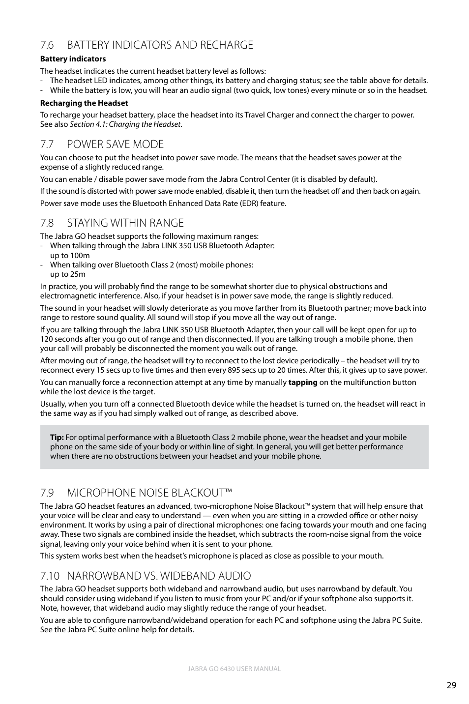 6 battery indicators and recharge, 7 power save mode, 8 staying within range | 9 microphone noise blackout, 10 narrowband vs. wideband audio, English, Battery indicators and recharge 7.6, Power save mode 7.7, Staying within range 7.8, Microphone noise blackout™ 7.9 | Jabra GO 6430 User Manual | Page 29 / 43