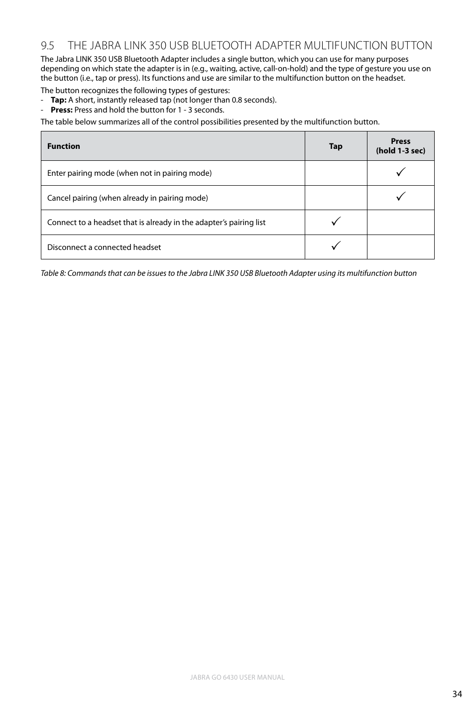 5 the jabra link 350 usb bluetooth adapter, Multifunction button, English | Jabra GO 6430 User Manual | Page 34 / 43