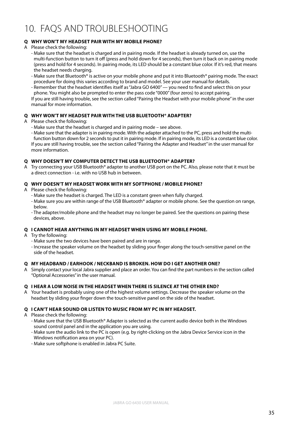 Faqs and troubleshooting, Faqs and troubleshooting 10, English | Jabra GO 6430 User Manual | Page 35 / 43