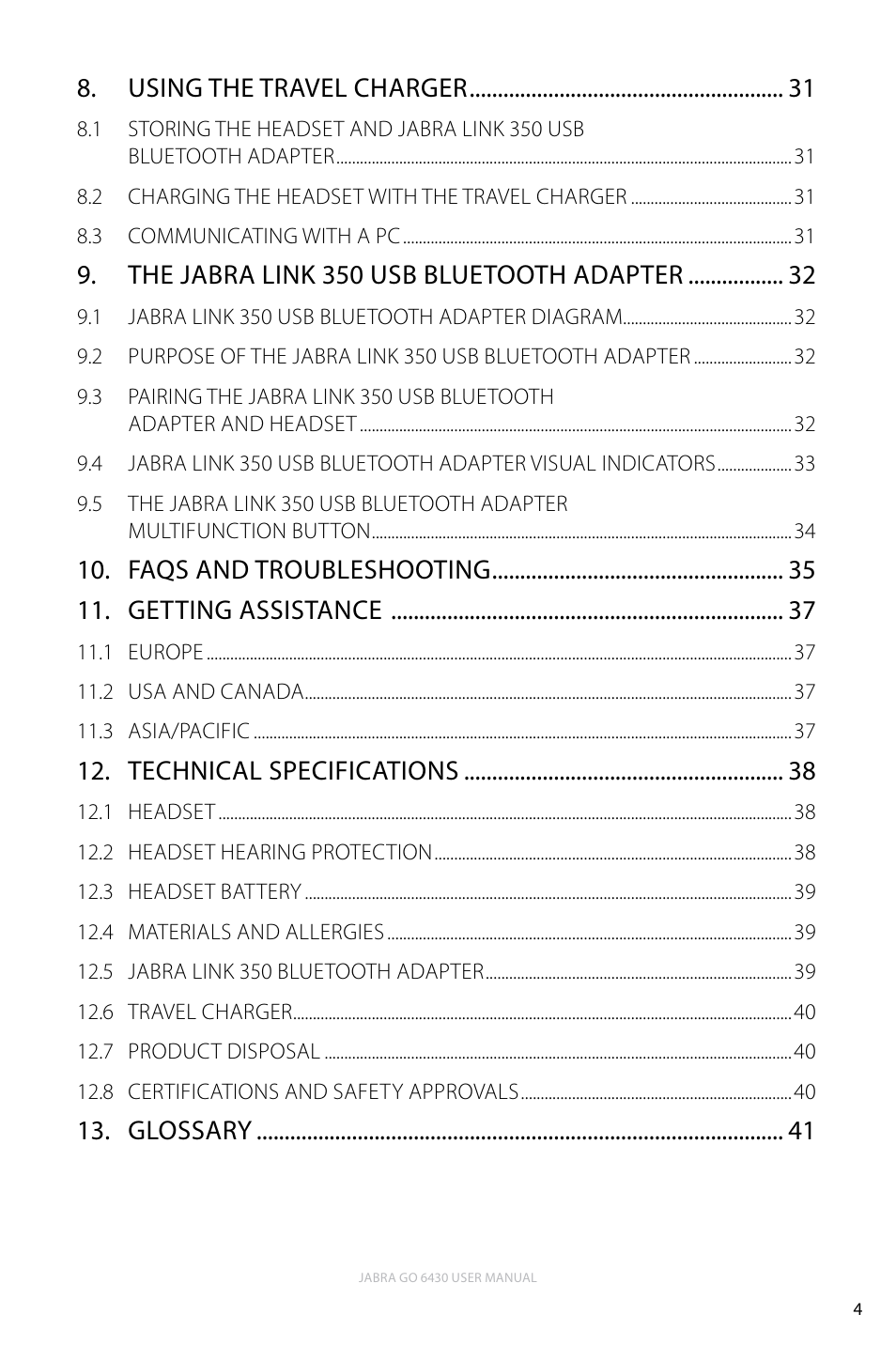 Using the travel charger, The jabra link 350 usb bluetooth adapter, Faqs and troubleshooting 11. getting assistance | Technical specifications, Glossary | Jabra GO 6430 User Manual | Page 4 / 43