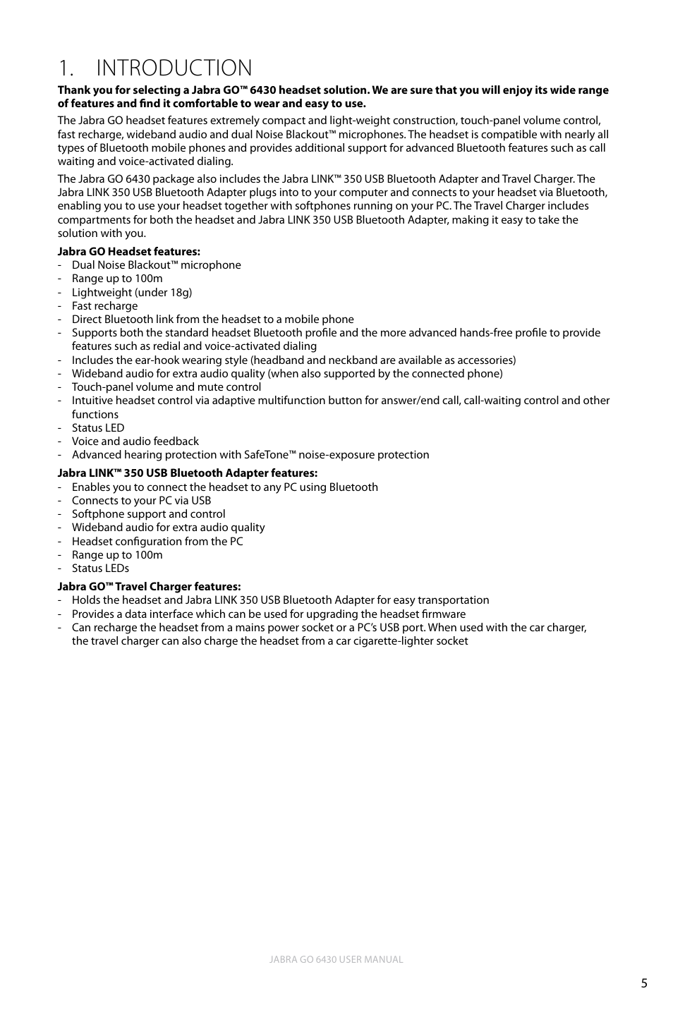 Introduction, Introduction 1, English | Jabra GO 6430 User Manual | Page 5 / 43