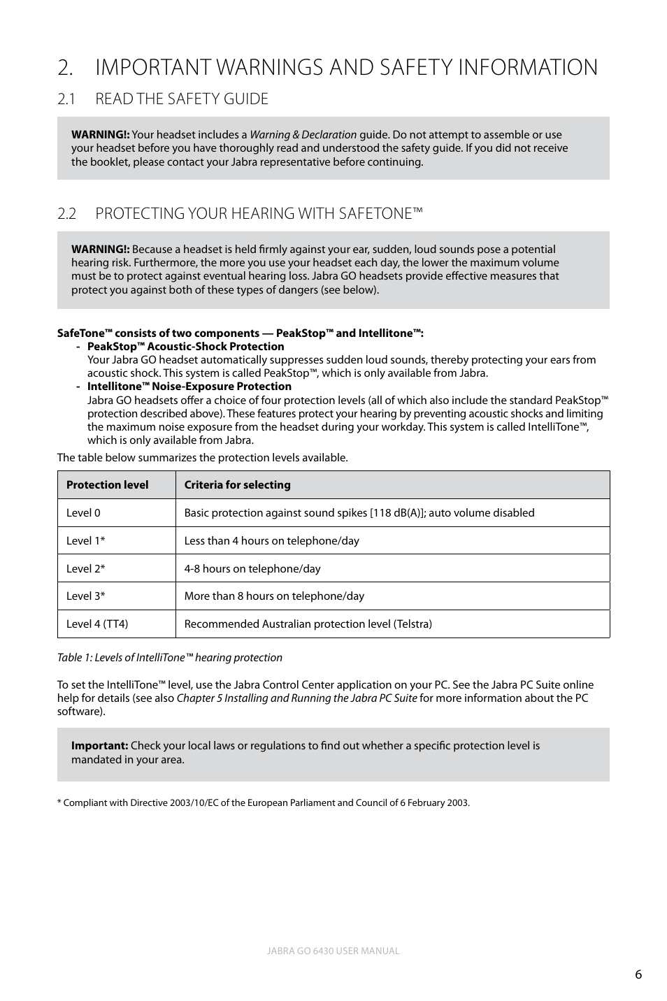 Important warnings and safety information, 1 read the safety guide, 2 protecting your hearing with safetone | Important warnings and safety information 2, English, Read the safety guide 2.1, Protecting your hearing with safetone™ 2.2 | Jabra GO 6430 User Manual | Page 6 / 43