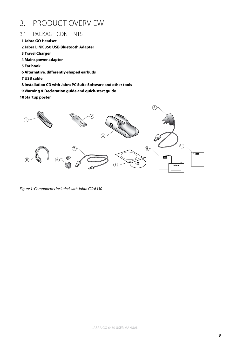 Product overview, 1 package contents, Product overview 3 | English, Package contents 3.1 | Jabra GO 6430 User Manual | Page 8 / 43