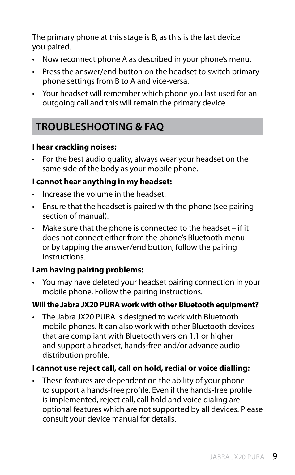 En g li sh, Troubleshooting & faq | Jabra PURR JX20 User Manual | Page 10 / 17