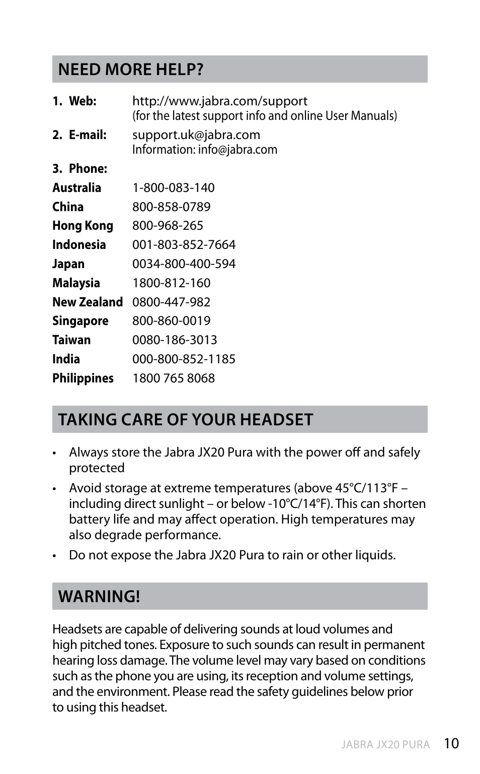 En g li sh, Need more help, Taking care of your headset | Warning | Jabra PURR JX20 User Manual | Page 11 / 17