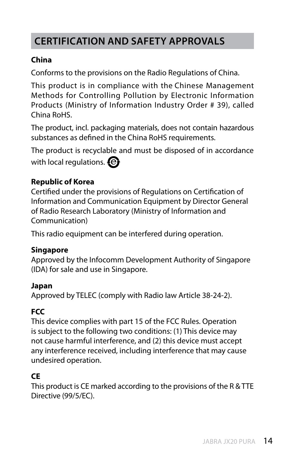 En g li sh, Certification and safety approvals | Jabra PURR JX20 User Manual | Page 15 / 17