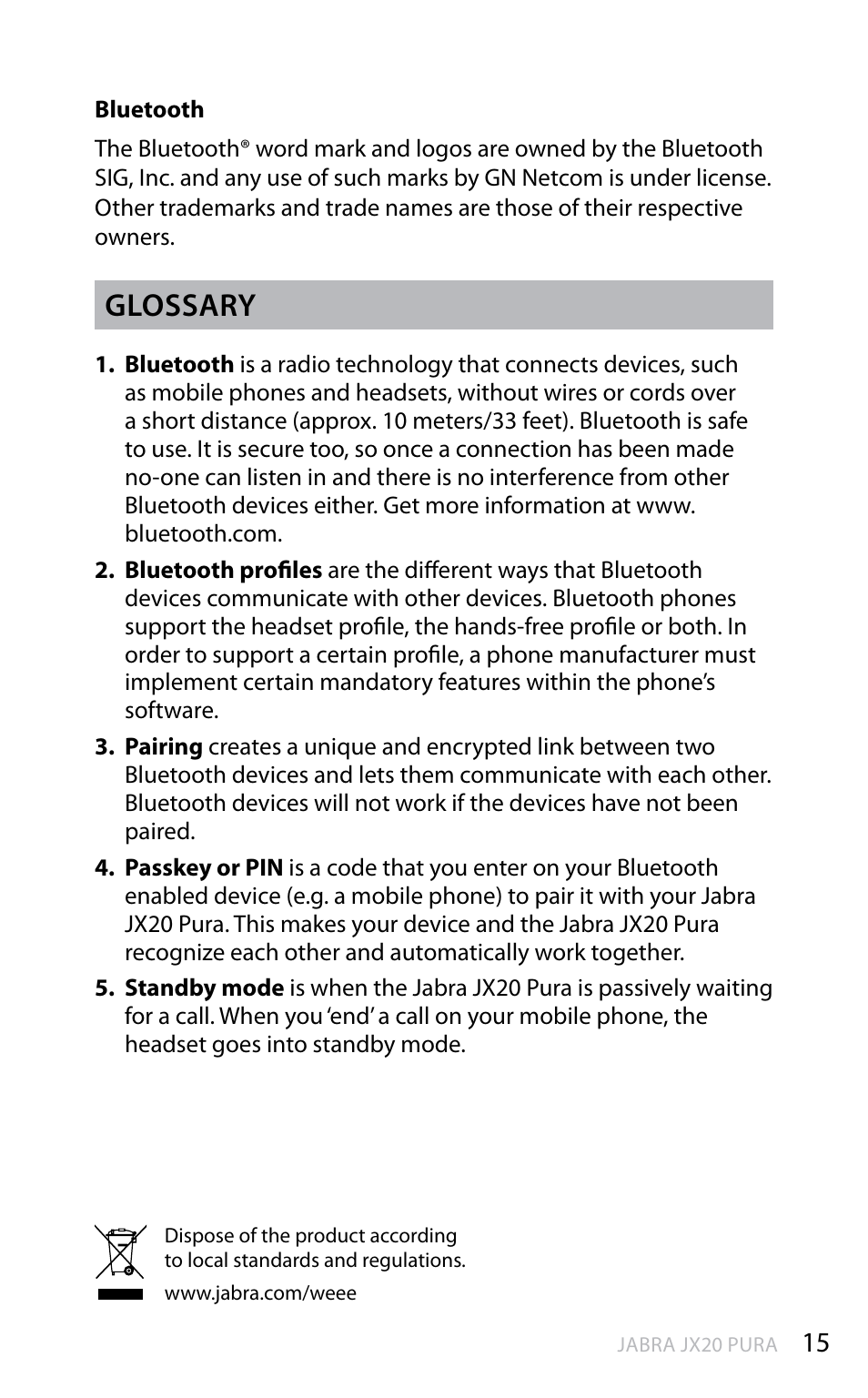 En g li sh, Glossary | Jabra PURR JX20 User Manual | Page 16 / 17