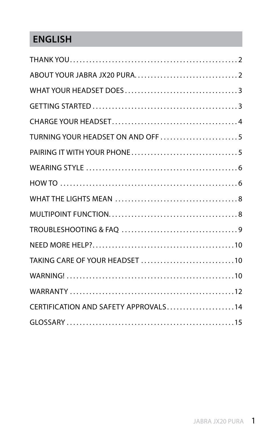 En g li sh, English | Jabra PURR JX20 User Manual | Page 2 / 17