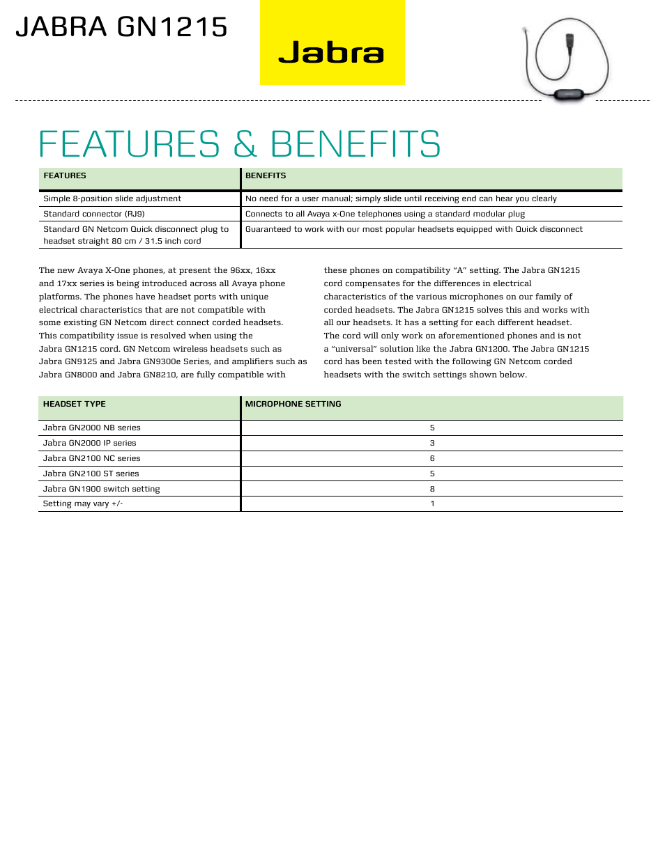 Features & benefits, Jabra gn1215 | Jabra AVAYA X-ONE GN1215 User Manual | Page 2 / 2