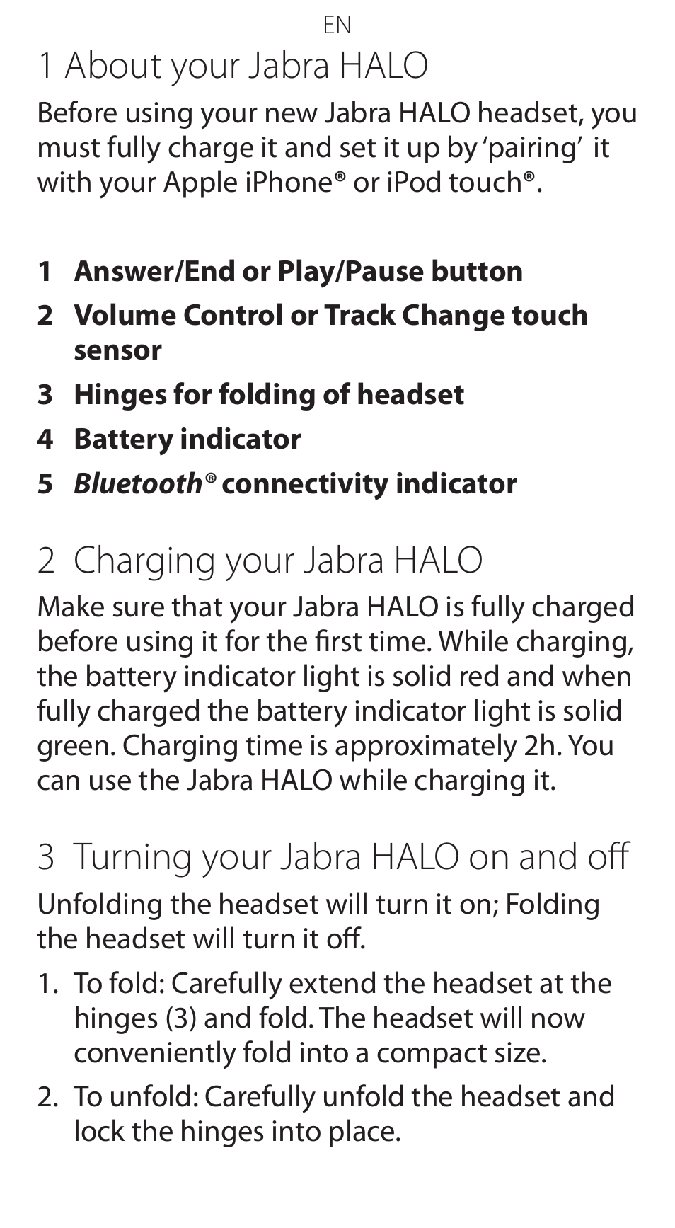 1 about your jabra halo, 2 charging your jabra halo, 3 turning your jabra halo on and off | Jabra BT650S User Manual | Page 5 / 15