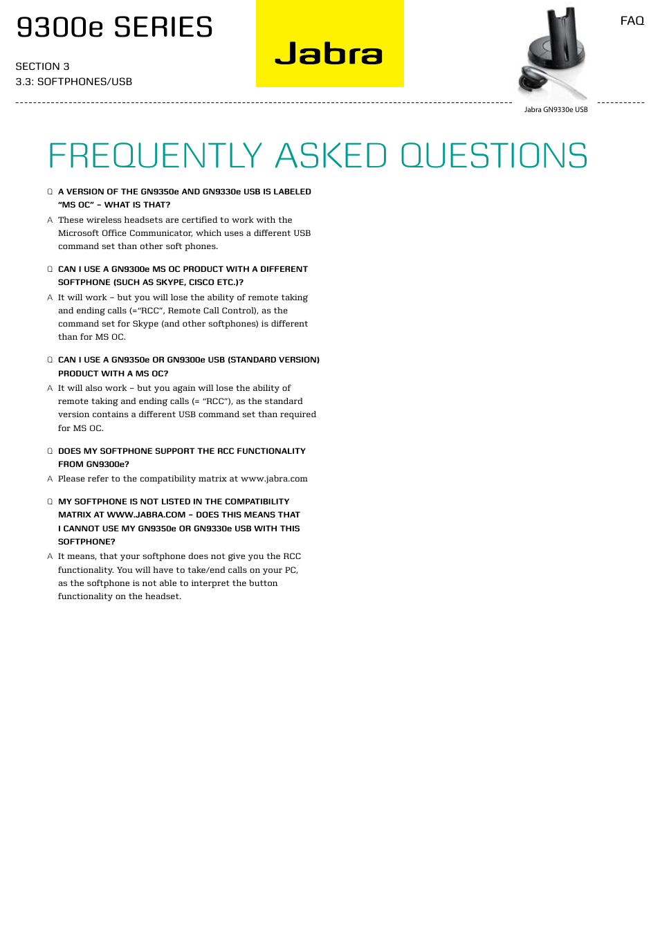 Frequently asked questions, 9300e series | Jabra 9300E User Manual | Page 6 / 7