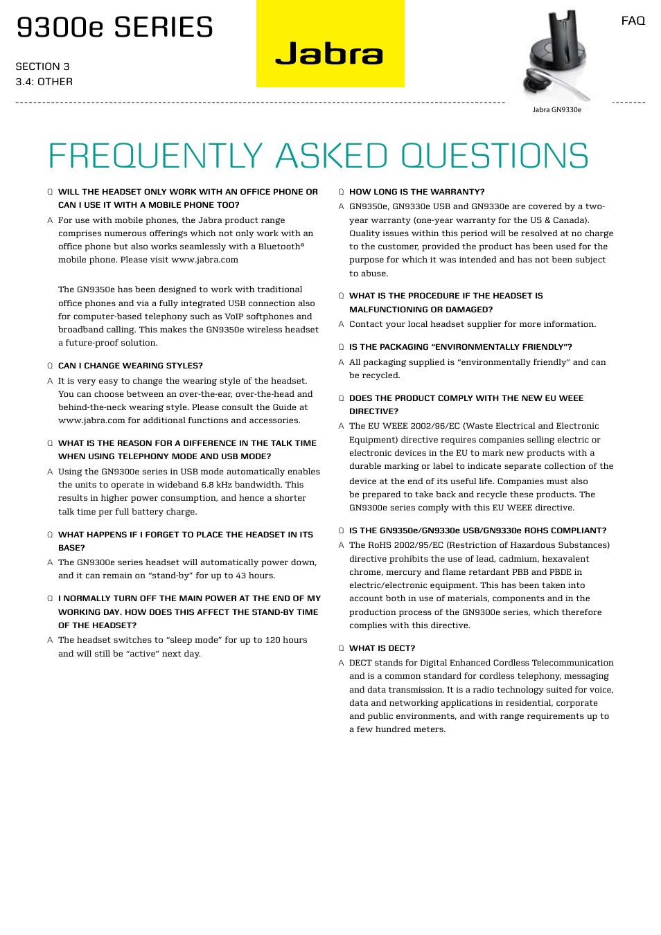 Frequently asked questions, 9300e series | Jabra 9300E User Manual | Page 7 / 7