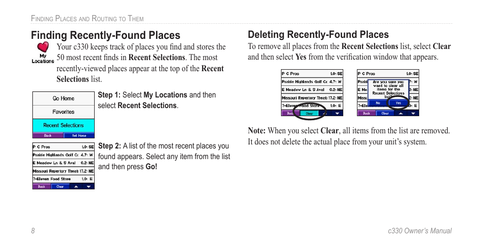 Finding recently-found places, Deleting recently-found places | Jabra c330 User Manual | Page 12 / 42