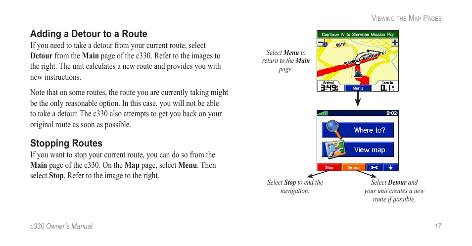 Adding a detour to a route, Stopping routes, Adding a detour to a route stopping routes | Jabra c330 User Manual | Page 21 / 42