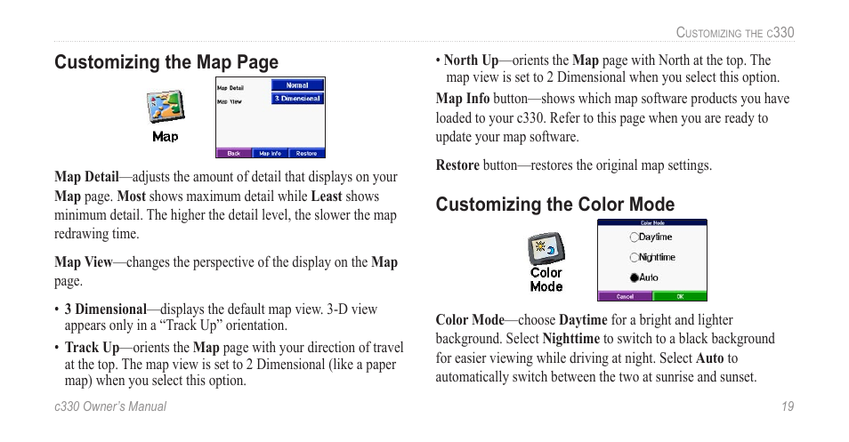 Customizing the color mode, Customizing the map page | Jabra c330 User Manual | Page 23 / 42