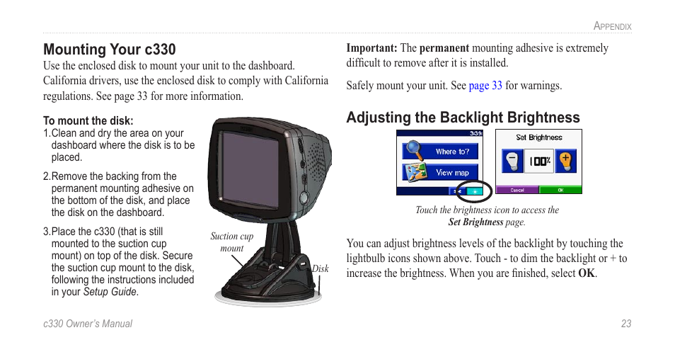 Mounting your c330, Adjusting the backlight brightness, Appendix | O adjust the backlight brightness on your c330 | Jabra c330 User Manual | Page 27 / 42
