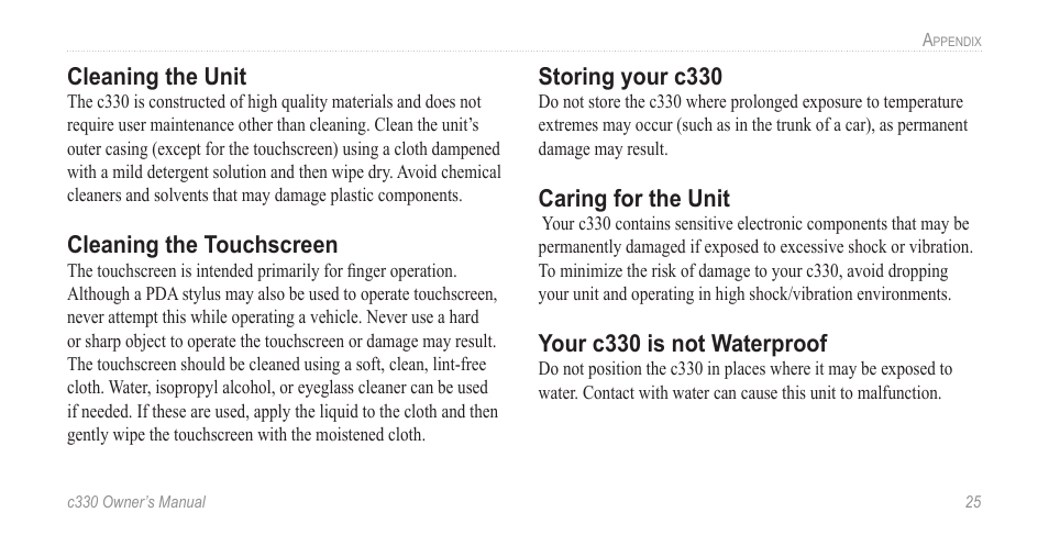 Cleaning the unit, Cleaning the touchscreen, Storing your c330 | Caring for the unit, Your c330 is not waterproof, O clean and store your c330 | Jabra c330 User Manual | Page 29 / 42