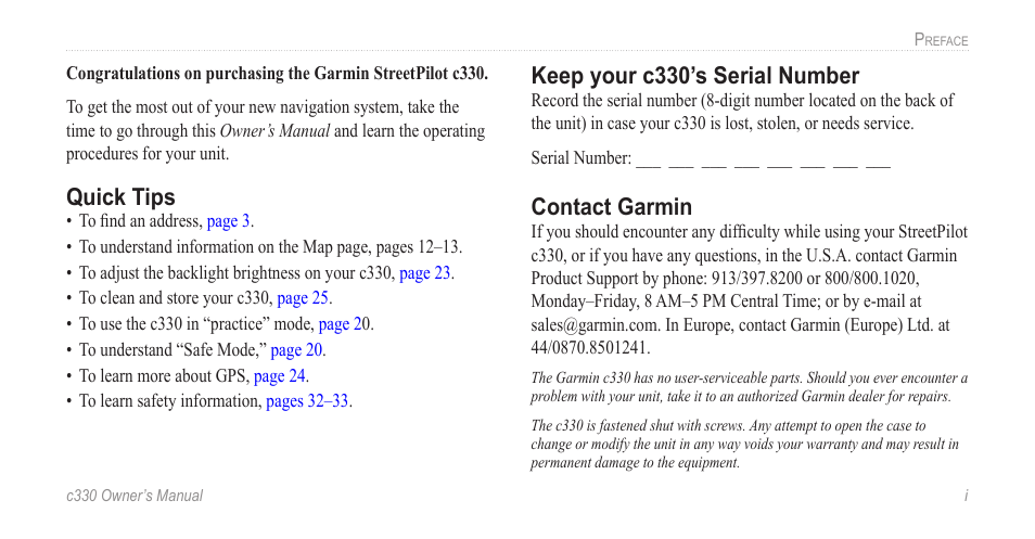 Preface, Quick tips, Keep your c330’s serial number | Contact garmin | Jabra c330 User Manual | Page 3 / 42