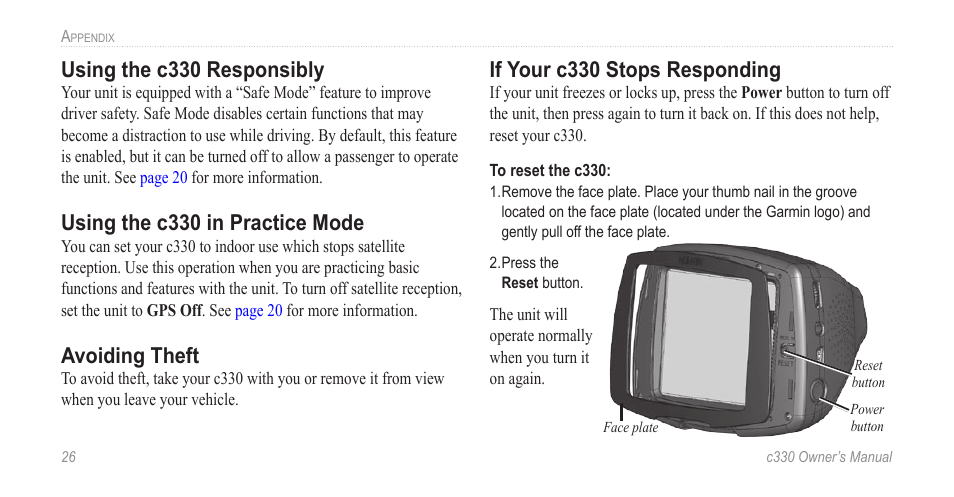 Using the c330 responsibly, Using the c330 in practice mode, Avoiding theft | If your c330 stops responding | Jabra c330 User Manual | Page 30 / 42