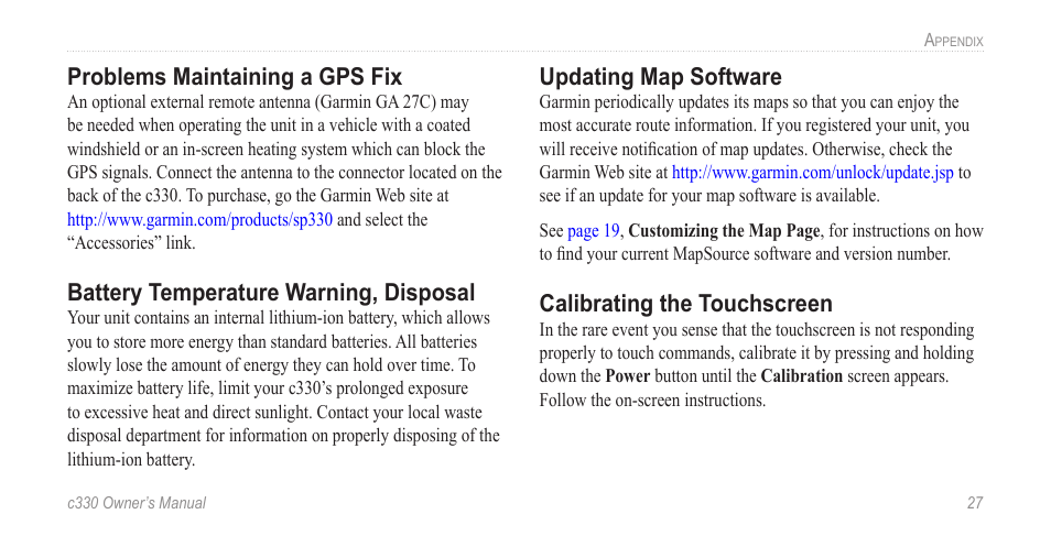 Problems maintaining a gps fix, Battery temperature warning, disposal, Updating map software | Calibrating the touchscreen | Jabra c330 User Manual | Page 31 / 42