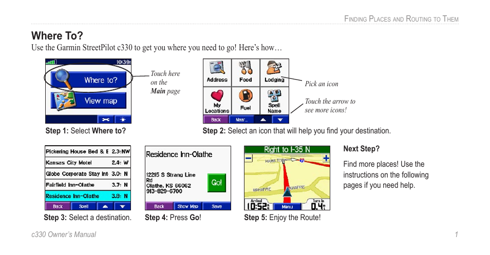 Finding places and routing to them, Where to | Jabra c330 User Manual | Page 5 / 42