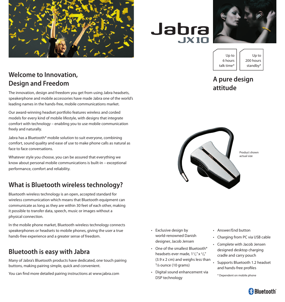 Welcome to innovation, design and freedom, What is bluetooth wireless technology, Bluetooth is easy with jabra | A pure design attitude | Jabra Portfolio User Manual | Page 2 / 10