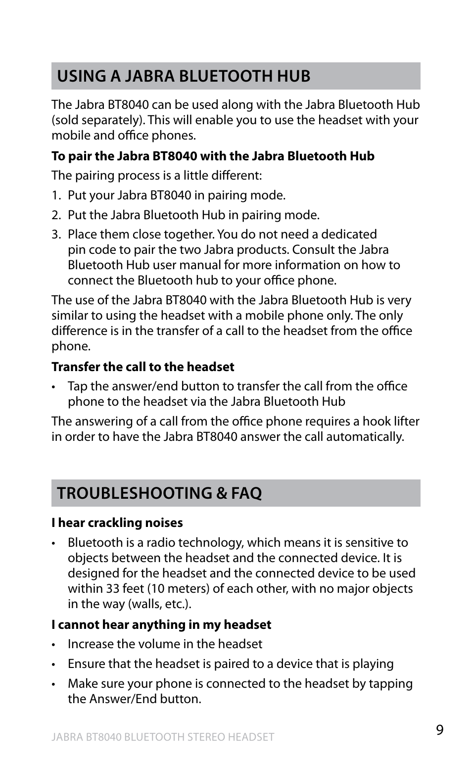 En g li sh, Using a jabra bluetooth hub, Troubleshooting & faq | Jabra BT8040 User Manual | Page 11 / 19