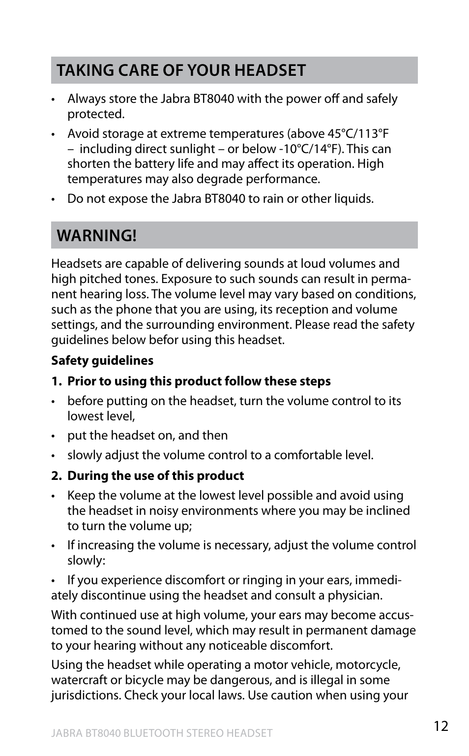 En g li sh, Taking care of your headset, Warning | Jabra BT8040 User Manual | Page 14 / 19