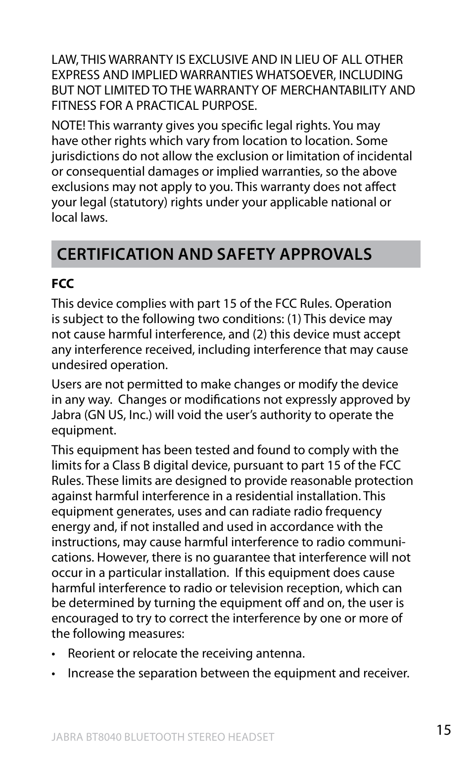 En g li sh, Certification and safety approvals | Jabra BT8040 User Manual | Page 17 / 19